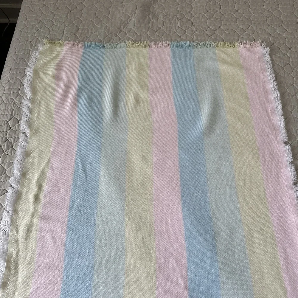Vintage Acrylic Baby Blanket Pastel Stripe Fringe Receiving Pink Blue Yellow